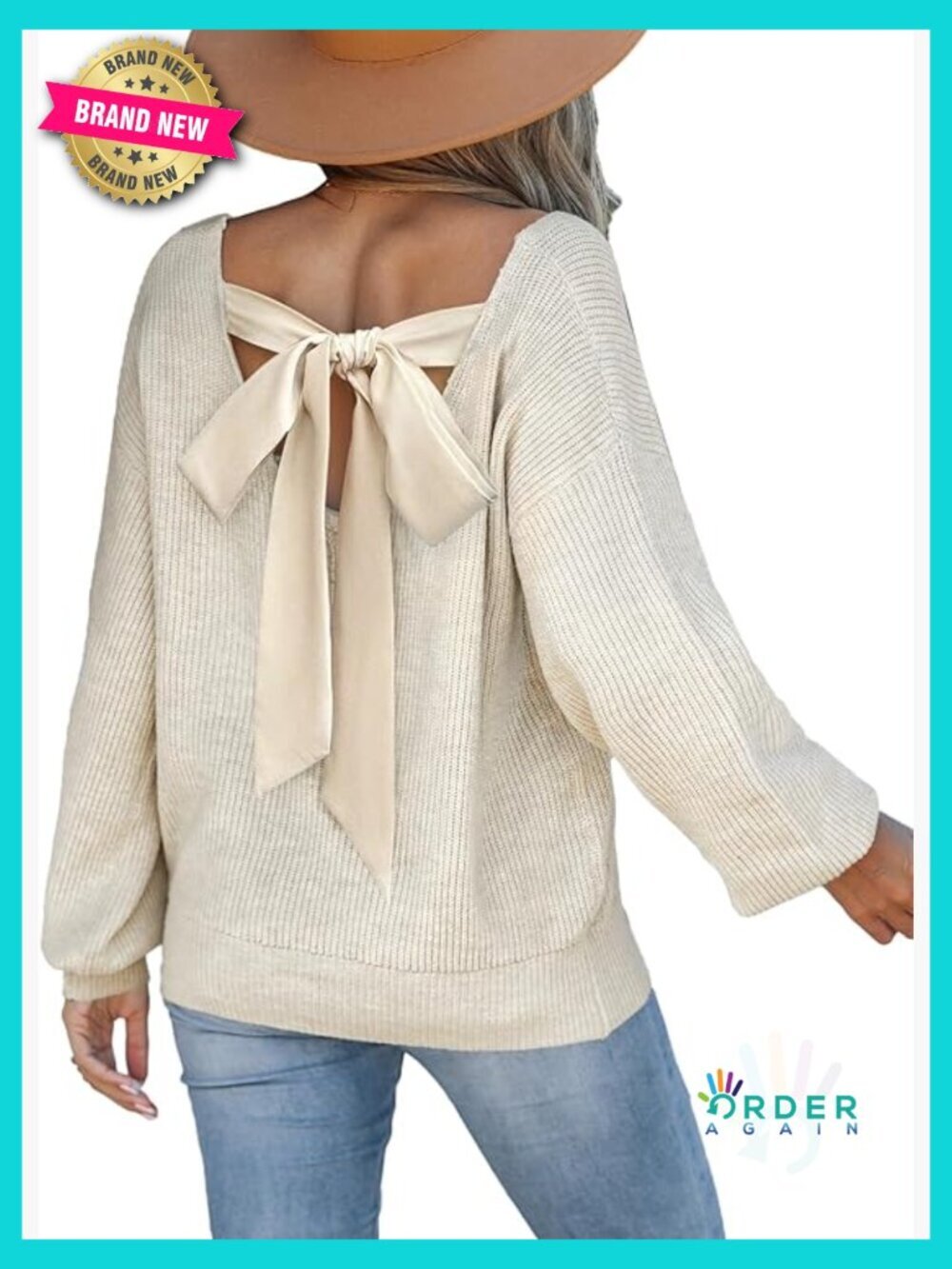 Lightweight Bow Back Knit Pullover Sweater Oversized Long Sleeve V-Neck